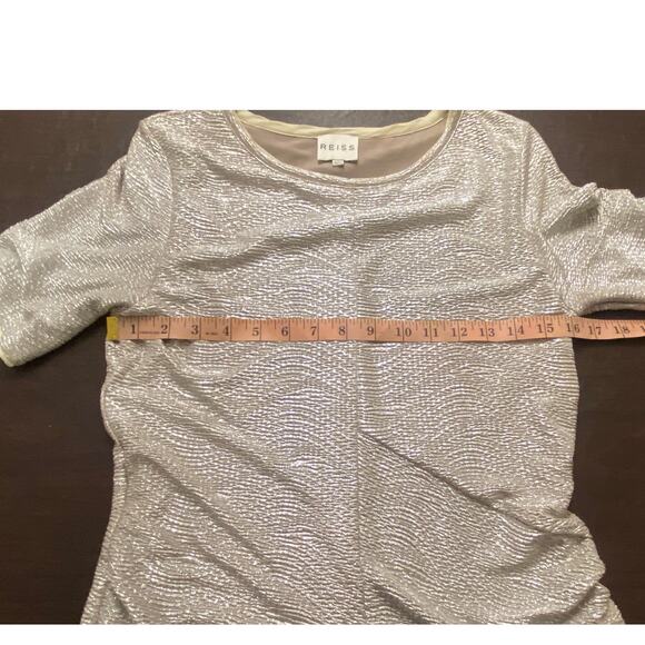 REISS Metallic Ruched Holiday Party Bodycon Dress Champagne Gold Shimmer 10 - Picture 7 of 10